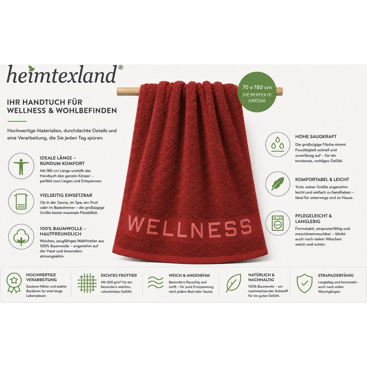 heimtexland Saunatuch Wellness Sauna Handtuch Badetuch Walkfrottier, Walkfrottee (Stück, 1-St), Jacquard Bordüre, weich und saugstark, Duschtuch, 70x180 cm – Bild 4