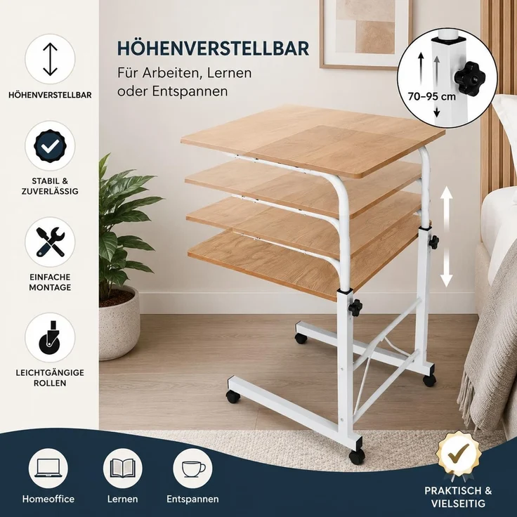 Laptoptisch, Mobiler Schreibtisch, Höhenverstellbar Beistelltisch, Notebooktisch mit Rollen, 60x40 cm – Bild 2