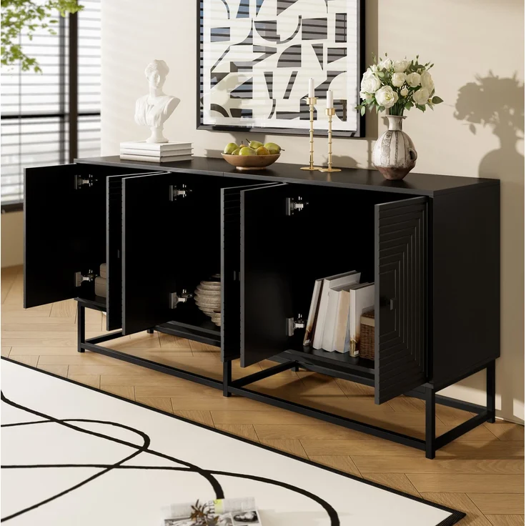 DESVIAE Sideboard mit 3 Doppeltürfächern 160x75,5x38 cm aus Spanplatte Schwarz – Bild 4