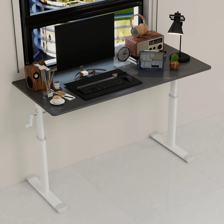 Schreibtisch, höhenverstellbar mit Handkurbel, Metall, Grau – Bild 1