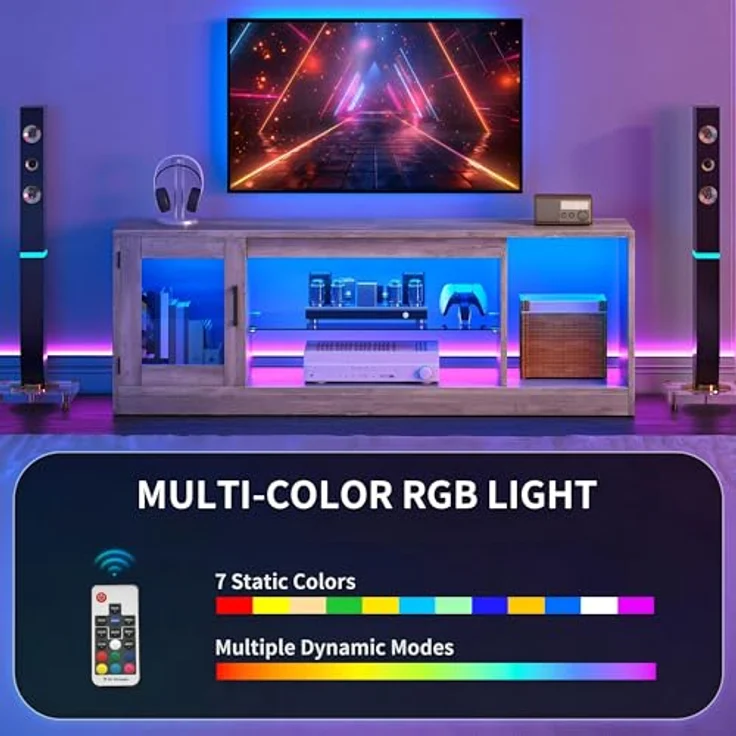 YITAHOME 148cm TV Schrank für Fernseher bis 65 Zoll mit 7 RGB LED 22 Modi Lichter Fernseher Gaming Entertainment Center, TV Lowboard mit verstellbaren Glasablagen Ständer für Wohnzimmer, Schlafzimmer – Bild 4