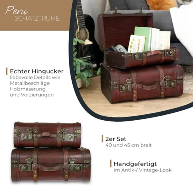 HMF Schatzkiste Schatztruhen aus Holz und dekorativen Schnappverschlüssen (2er Set, versch. Größen), Vintage Koffer, Peru – Bild 3