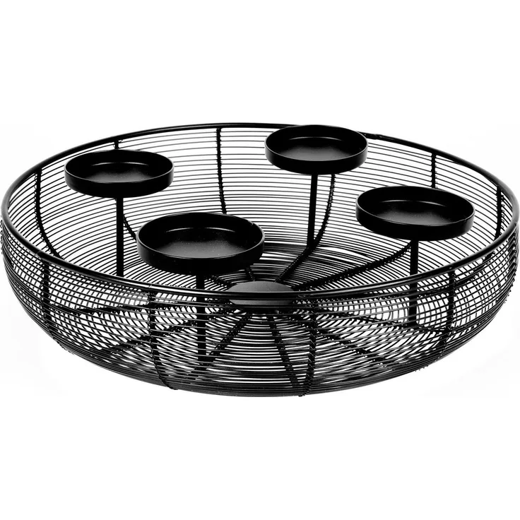 BURI Adventskranz Metallschale Schwarz Ø 36 cm | Moderner Adventskranz aus Drahtgeflecht mit 4 Kerzenhaltern | Adventskorb | Stilvolle Weihnachtsdeko