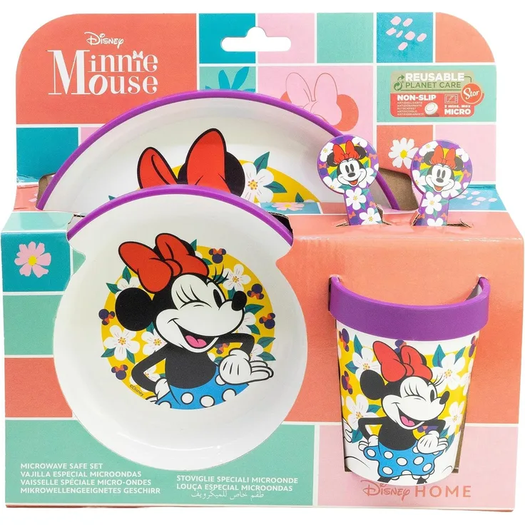 Disney Minnie Mouse Kindergeschirr Set 5-teilig Rutschfestes Ess-Set mit Teller, Schüssel, Becher & Besteck