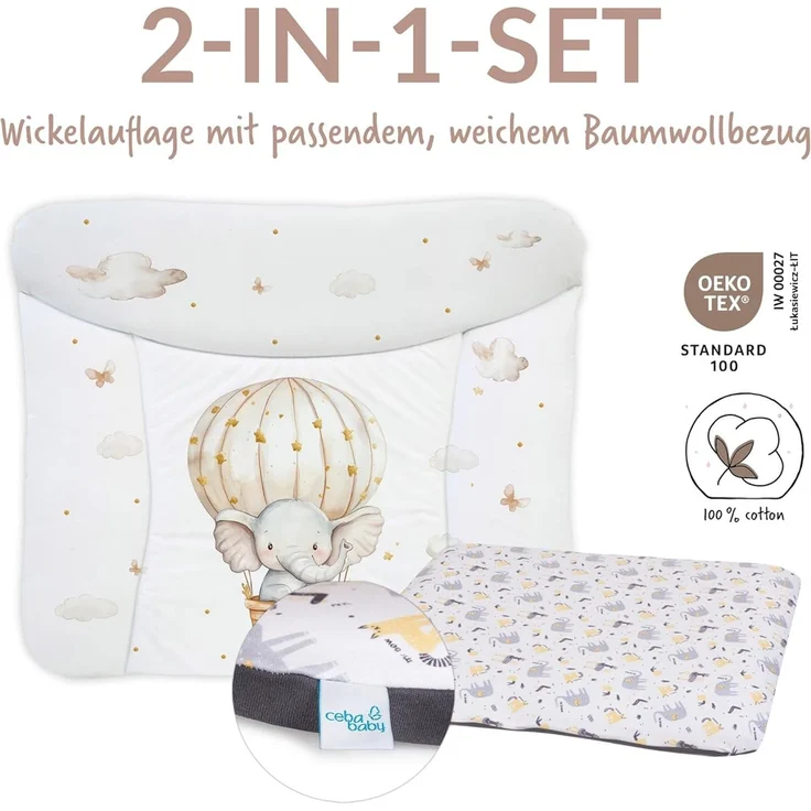 Ceba Baby® Wickelauflage 75x72 cm – Weiche Baby Wickelunterlage - Wasserdicht, abwaschbar - inkl. abnehmbarem Baumwollbezug – Für Jungen und Mädchen – OEKO-TEX® Standard 100 – Made in EU – Bild 2