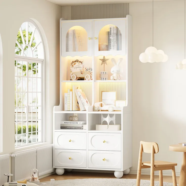 Vitrine 80x40x180 cm in Weiß mit Rippglastür, LED-Beleuchtung und 4 Schubladen
