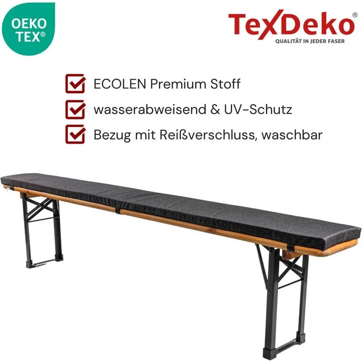 TexDeko Bankauflage Ecolen für Bierzeltgarnitur mit Anti-Rutsch Boden und Reißverschluss, wasserabweisend & UV-Schutz, Maße: 220x25x4cm oder 180x25x4cm – Bild 3