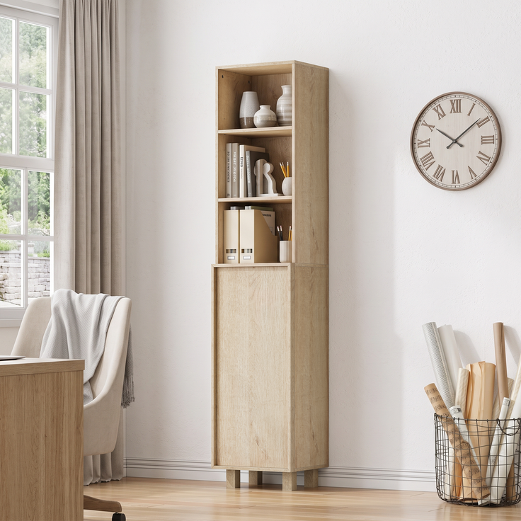 162,5 cm hoher Badezimmerschrank in Eichenoptik ,Waschmaschinenschrank,mit Türen und offenen Regalfächern; schmaler Holzschrank, geeignet für Waschküche, Balkon, Badezimmer oder Küche--Eiche--35x30x162.5cm--YOUDENOVA