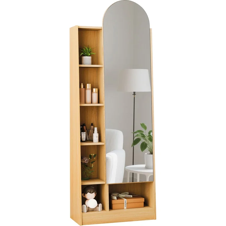 LVHOM Dielenschrank mit Ganzkörperspiegel 165cm hoch, Multifunktionaler Spiegelschrank aus Holz, schmaler Badezimmerschrank mit verstellbaren Böden, Natur – Bild 1