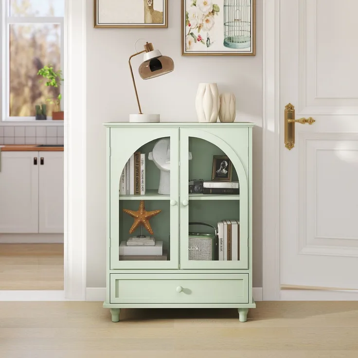 Sideboard B 38 x T 71 x H 93,5 cm aus MDF in Minzgrün mit gewölbten Glastüren und Schublade