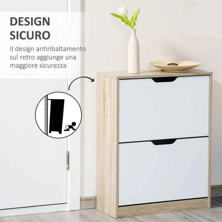 Platzsparender Schuhschrank „Slim“ mit 2 Schubladen für 8 Paar Schuhe, 62,5 x 26 x 81 cm, Holz und Weiß – Bild 8