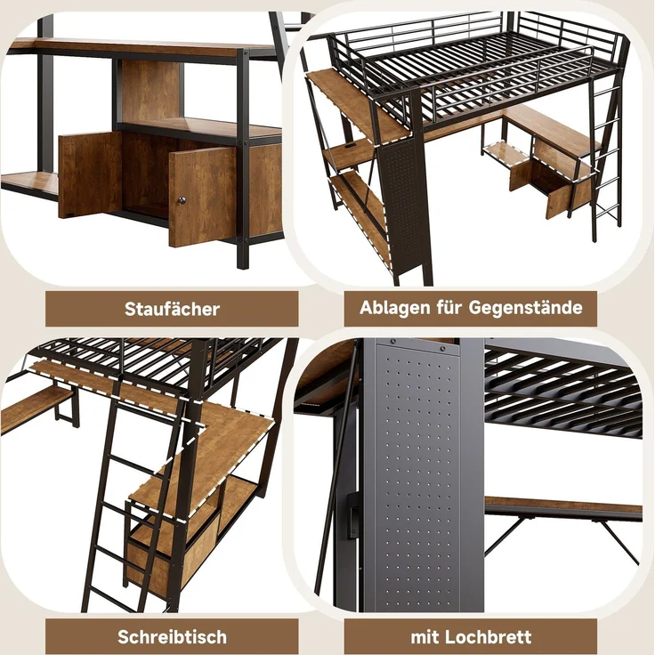 Hochbett mit Schreibtisch, LED-Streifen, Wandgitter, Regal, Schrank, Steckdose, USB, Type-C, Rausfallschutz, 90x200cm, Kinderbett, Metallbett – Bild 5
