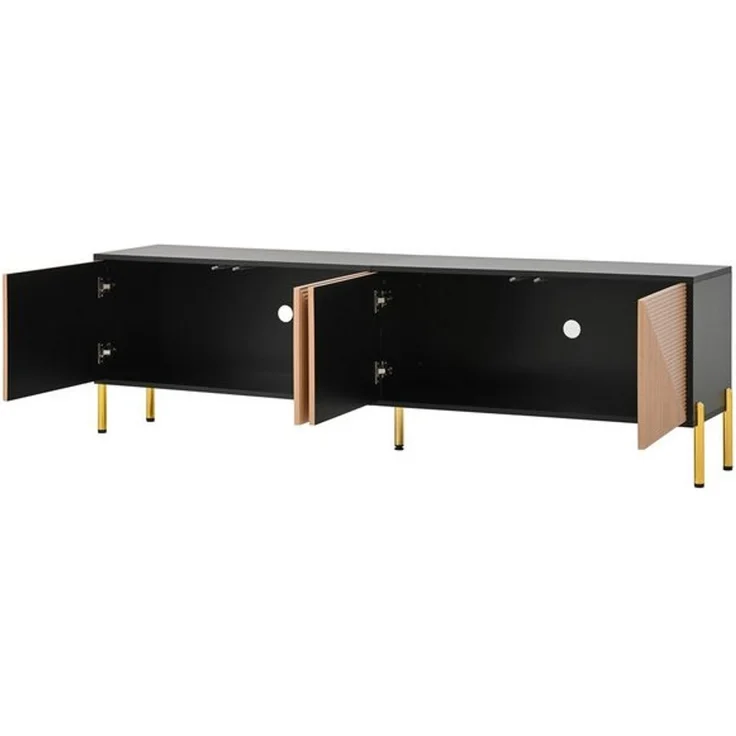 BlingBin Lowboard TV-Schrank Fernsehschrank TV-Ständer (Einzigartiges im Farbblock-Design, 1 St, mit 4 Türen und 5 Metallbeine), 179L x 35B x 53,5H cm, Schwarz + Natur – Bild 4