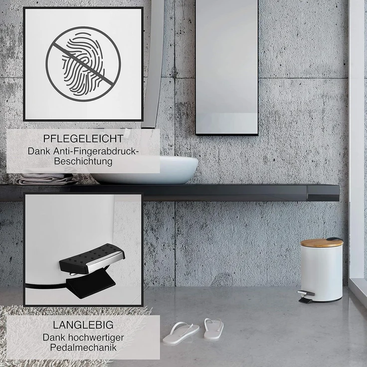VMbathrooms 3L Kosmetikeimer in edlem weißem Design | Tretmülleimer mit Absenkautomatik (Soft Close) | Eleganter Eimer fürs Bad mit Innenbehälter und Bambus-Holzdeckel – Bild 2