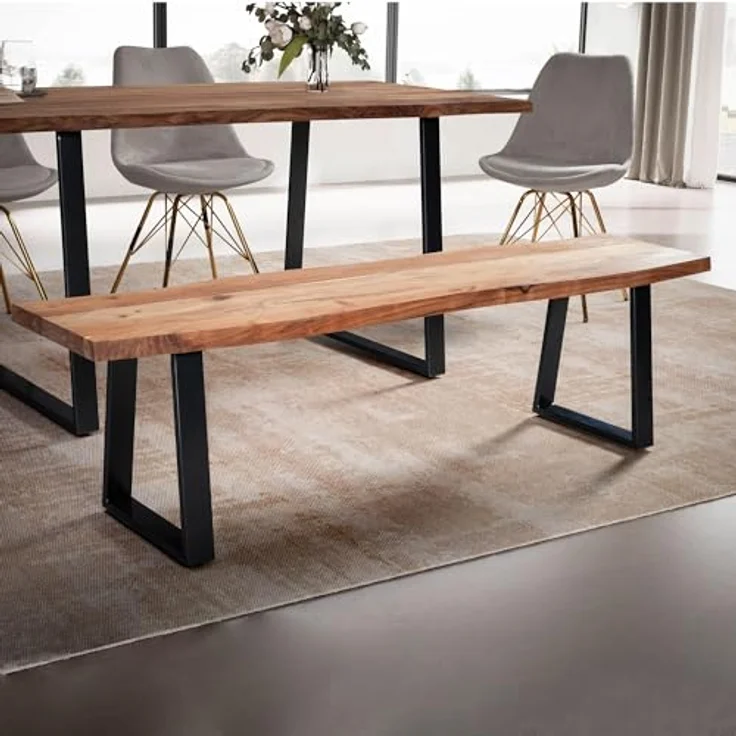 FineBuy Esszimmerbank Akazie Massivholz / Metall mit Baumkante, Esstischbank Holzbank Massiv ohne Lehne, Küchenbank Essbank Modern, Sitzbank Esszimmer – Bild 2