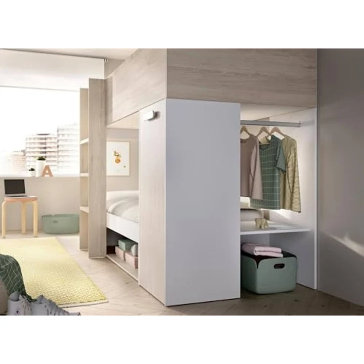 Dmora - Schlafzimmer Focalone, Komplettes Schlafzimmer, Kinderzimmer, Loft-Bett Kit, 246x112 h150 cm, Weiß und Eiche – Bild 5