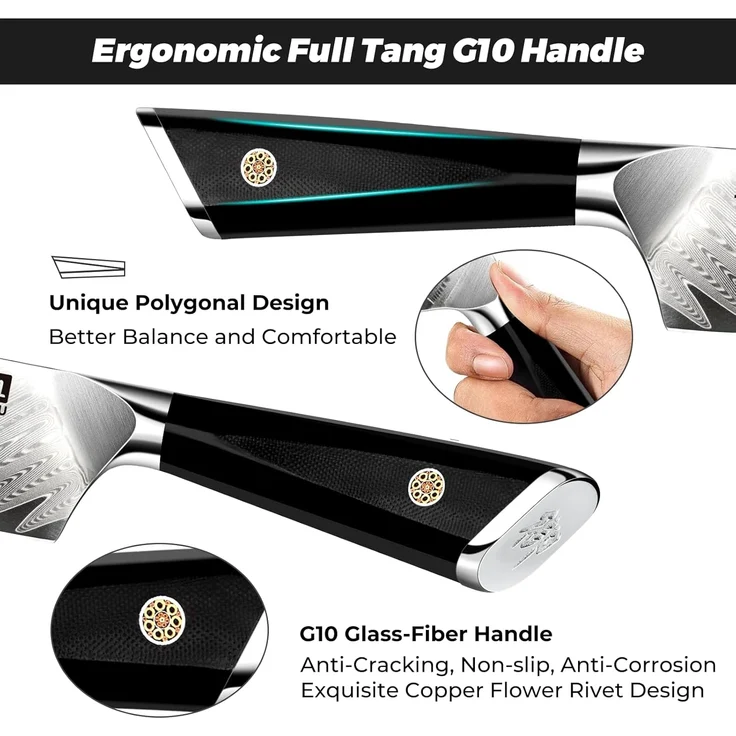 SHAN ZU Damaststahl Messerblock mit Messer, 7-teiliges Küchenmesserset aus Japanischem 10Cr15CoMoV Spitzenstahl, Professionelles Küchenmesser mit G10 Griff - GYO Series – Bild 4