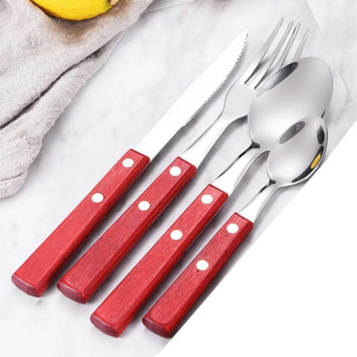 FELIXLEO Steakbesteck Geschirrset 4 teilig Ergonomischer Holzgriff Besteck Rot – Bild 1