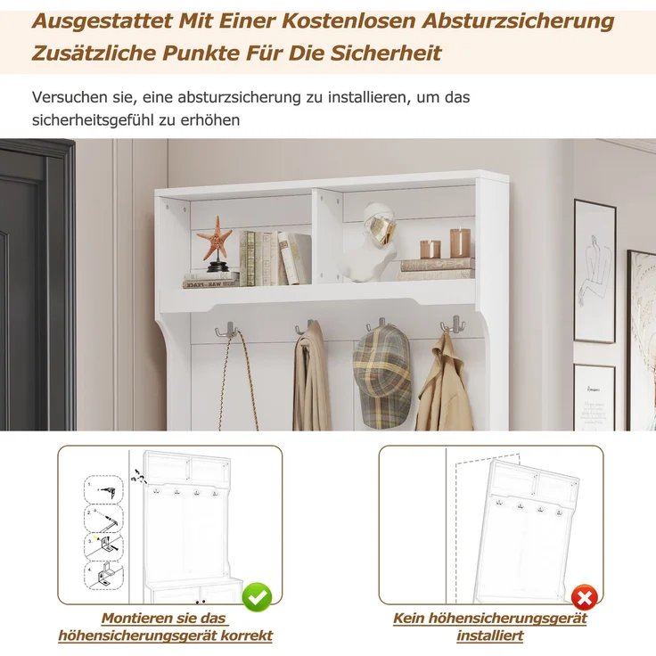 Merax Weißer Eingangsschrank mit Stauraum an der Unterseite des Sitzes mit 4 Haken zum Aufhängen und 2 Fächern an der Oberseite zur offenen Aufbewahrung - Kleiderständer, Garderobe, Schuhschrank – Bild 5