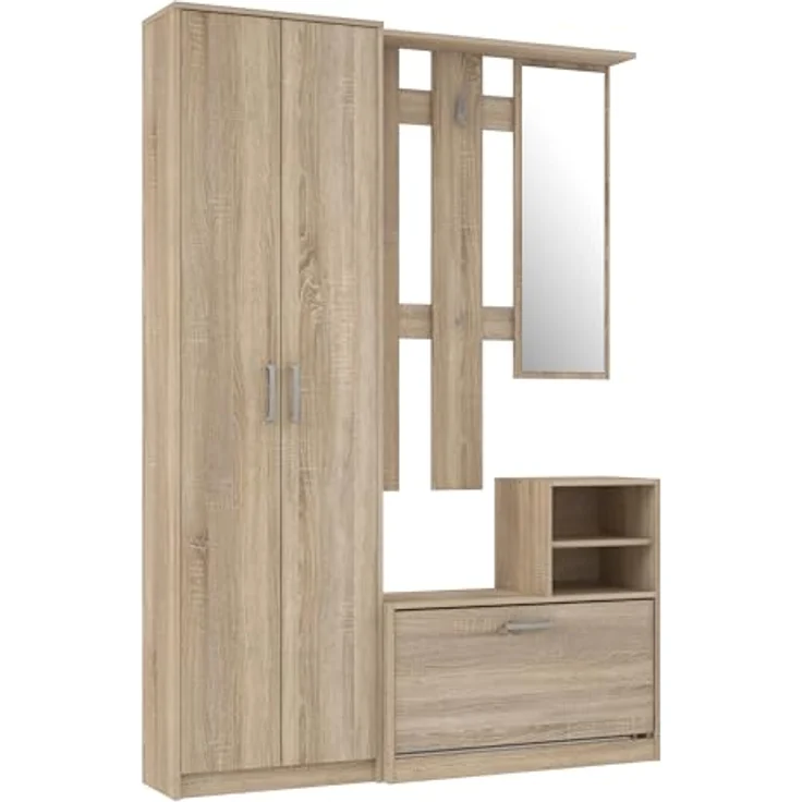 Forte NIKO Garderobenschrank 130 140, Skandi-Mehrzweckschrank, 2-türig, 1 Schublade, Spiegel, Haken, Flur, Sonoma Eiche Holzdekor, 135 cm breit x 190,8 cm hoch x 28 cm tief – Bild 5