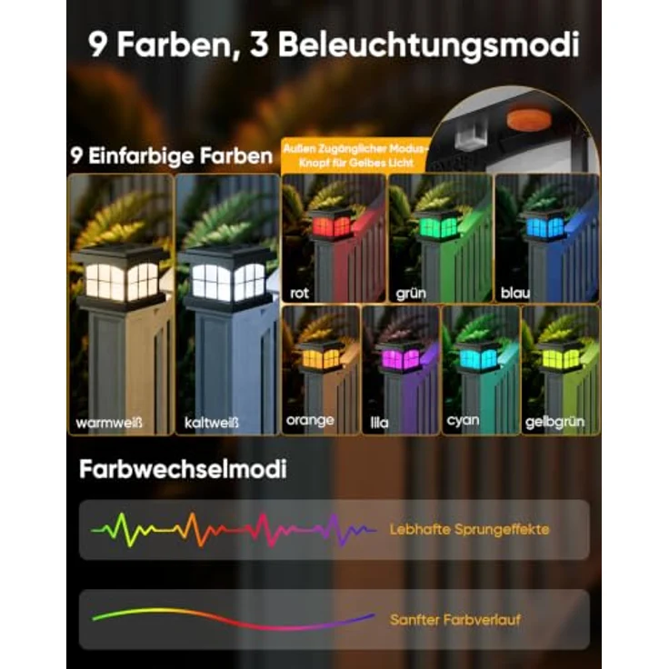 ROTTOGOON 8 Stück RGBCW Solar Pfostenleuchte, Solar Pfostenkappen 10x10 cm | 9 Farben 3 Modi, IP54 Wasserdicht, Holz/Vinyl Pfosten, Solarlampen Außen für Zaunpfosten Gärten Terrassen Veranden – Bild 2
