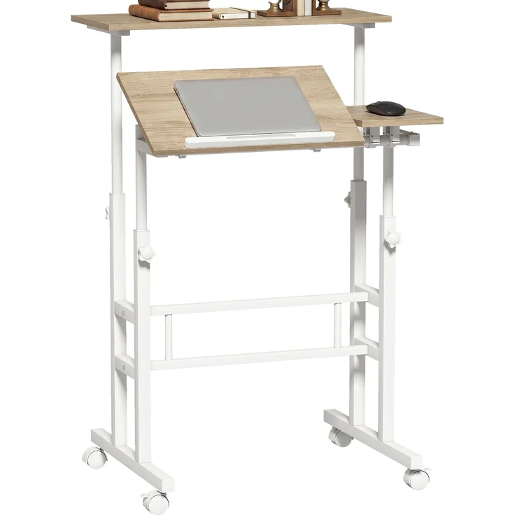 Steh-Sitz-Schreibtisch, höhenverstellbar, 70 x 60 cm, Rollen, neigbare Tischplatte, brauner Metallrahmen – Bild 1
