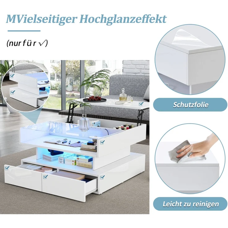 Couchtisch mit hydraulischer Hubfunktion und LED-Beleuchtung, Hochglanz Oberfläche, 2 Schubladen & gehärtetem Glas,Weiß – Bild 8