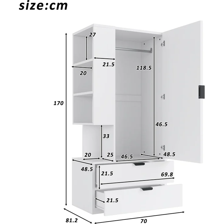 Kleiderschrank 70x50x170 cm in Weiß, mit offenen Fächern, Kleiderbereich und Schubladen – Bild 5