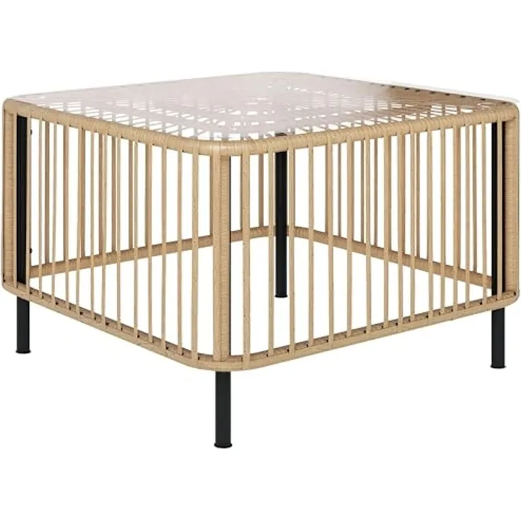 Outsunny Gartentisch aus Polyrattan, mit Glasplatte (quadrarischer Terrassentisch, 1-St, wetterfest Beistelltisch), 65 x 65 x 43 cm, für Garten, Terrasse, Balkon Naturholz