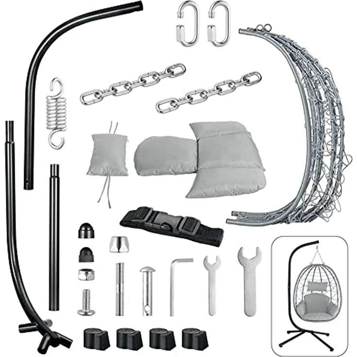 BAKAJI Hängesessel für den Garten, Schaukelstuhl, Hängematte für den Außenbereich, Gestell aus Metall, Nest aus Rattan und Seil + gepolstertes Sitzkissen und Kopfstütze, 198 x 110 x 95 cm (Grau) – Bild 10
