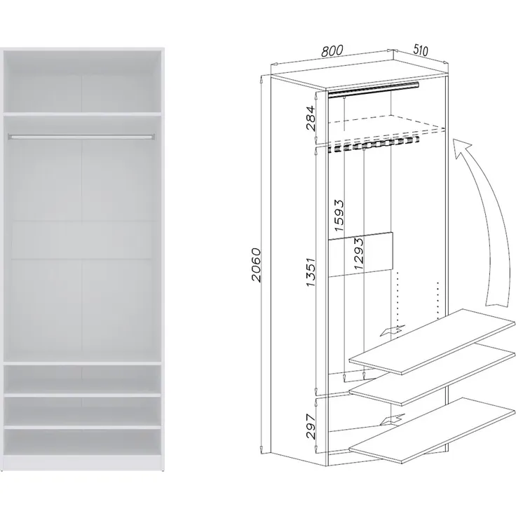 Marmex Möbel Tres Set-S/N (B) großer Eckkleiderschrank, Begehbarer Kleiderschrank offen mit Aufsatz, modularer Kleiderschrank mit Kleiderstangen, Einlegeböden für Kleidung, Schuhe, laminierte Spanplatte, weiß 271/160x246x51 cm – Bild 3