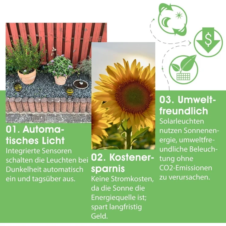 LED Solarlampe 3er Set Solarleuchte Gartenleuchte Metall Biene Außen Deko Kugel – Bild 4
