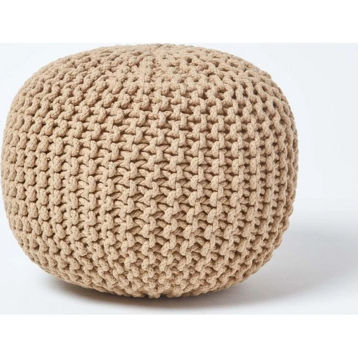 Homescapes Pouf Runder Strickpouf 100% Baumwolle, cremeweiß – Bild 1