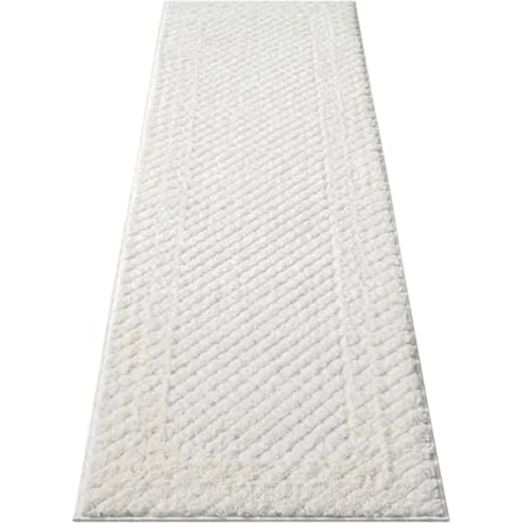 Teppich Läufer fürs Flur - 80x300cm - Hochflor - Boho - Pastell Creme - Einfarbig - Modern Raute Muster- Skandinavisch Flauschig Weich - Schlafzimmer – Bild 2