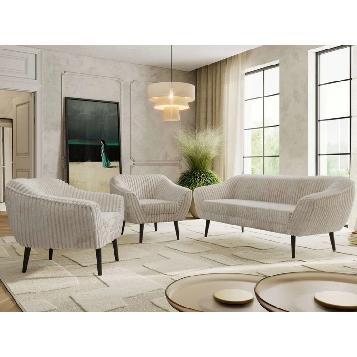 Wohnzimmerset PIRS 1-1-3, Skandinavisches 3-Sitzer Sofa mit Sesseln, Sofa mit Wellenfederung, schwarze Füße, Skandinavisches Möbelset - Beige Cord – Bild 4