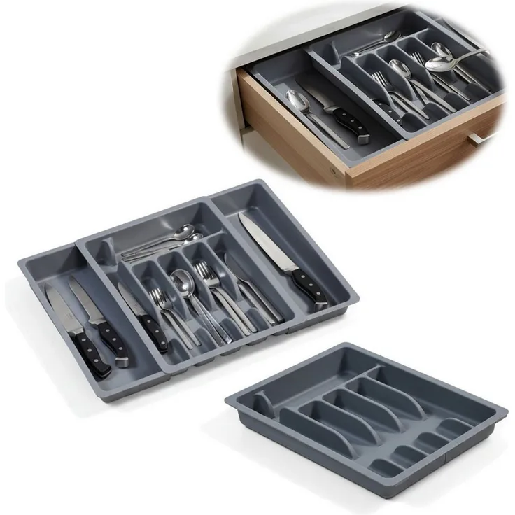 LS-LebenStil Besteckkasten Schubladeneinsatz Besteckkasten 29-50cm Grau ausziehbar Besteckbox (Besteckbox ideal in Küche, Haushalt für Aufbewahrung & Organisation, 1 St, Organizer verstellbar für handelsübliche Küchen-Schubladen), Kunststoff Cutlery Ut...