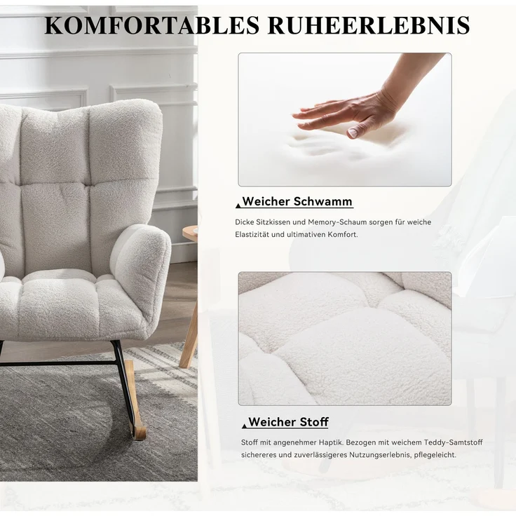 Teddy Weiß Schaukelstuhl mit Holzrahmen und Metallbasis, ergonomisch gepolstert, leises Design für Wohnzimmer & Schlafzimmer – Bild 8