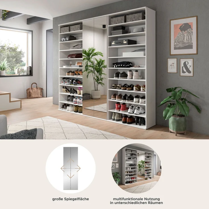 Garderobenschrank Weiß Hochglanz, 222x193x34 cm, Spiegelschrank – Bild 10