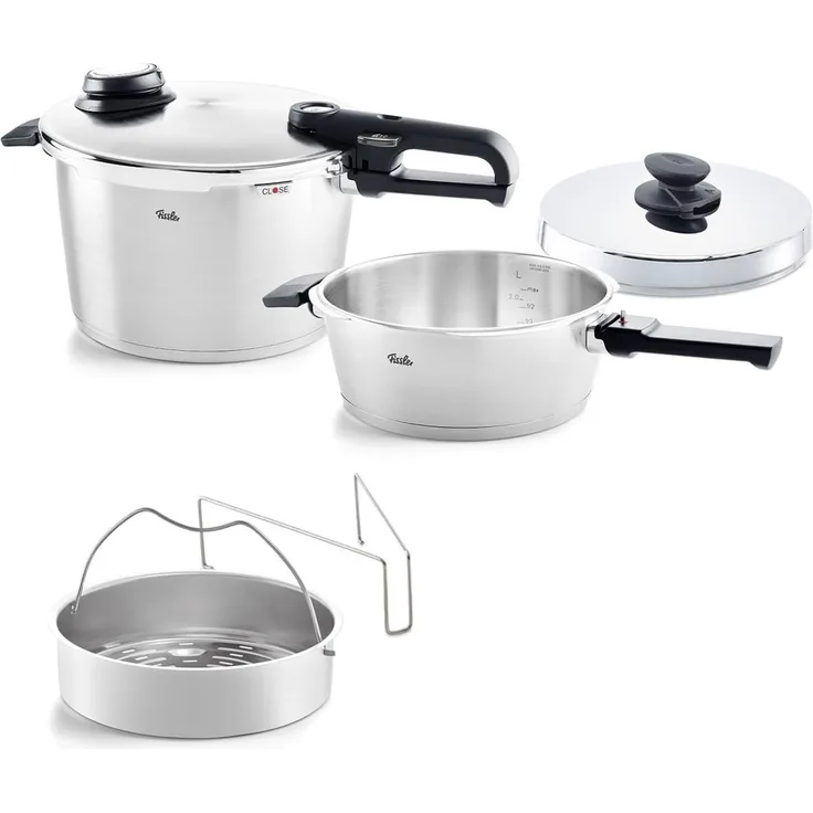 Fissler Vitavit Premium Schnellkochtopf Set 2-tlg, mit Schnellbratpfanne, Metalldeckel, Edelstahl 18/10, 622-812-11-090