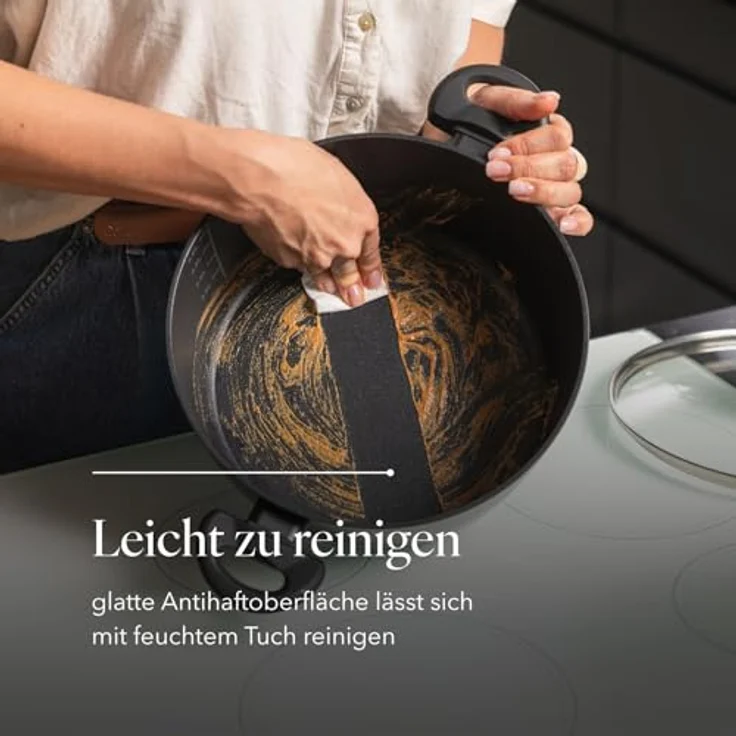 FLORINA Aluminium Topf (6,5 l) 28 cm I Kochtopf DELUX mit Glasdeckel I Messbecher & Antikratz-Beschichtung I Topf mit Induktionsboden I Geeignet für Induktionsherd, Gasherd und Elektroherd (Schwarz) – Bild 9