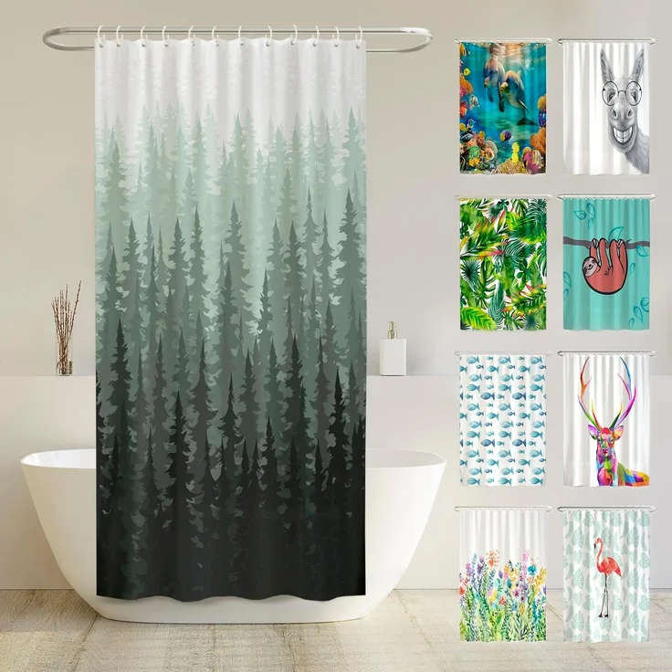 arteneur® - Tannenwald - Anti-Schimmel Duschvorhang 120x180 - Recycelt mit Öko-Tex Standard 100 - Beschwerter Saum, Blickdicht, Wasserdicht, Waschbar, 8 Ringe & E-Book