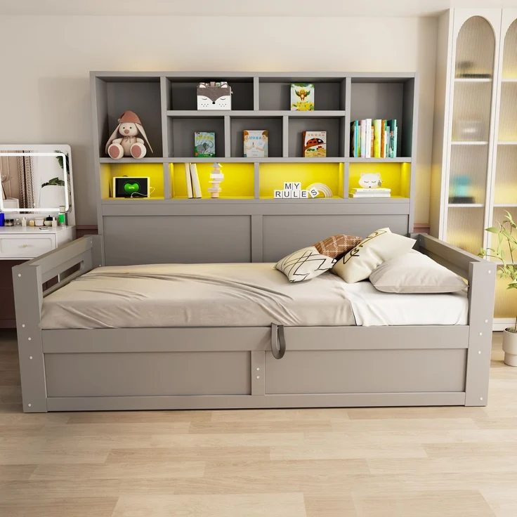 Schlafsofa aus Holz, 90 x 200 cm, Multifunktionaler Stauraum mit LED-Beleuchtung, Hydraulisches Staufach, Einzelbett, Jugendbettgestell mit Steckdosen, Grau – Bild 3