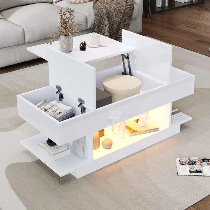 Couchtisch Weiß Hochglanz mit LED, Lift-Top Funktion, seitlichen Ablagen & 4 offenen Fächern, Wohnzimmertisch – Bild 5