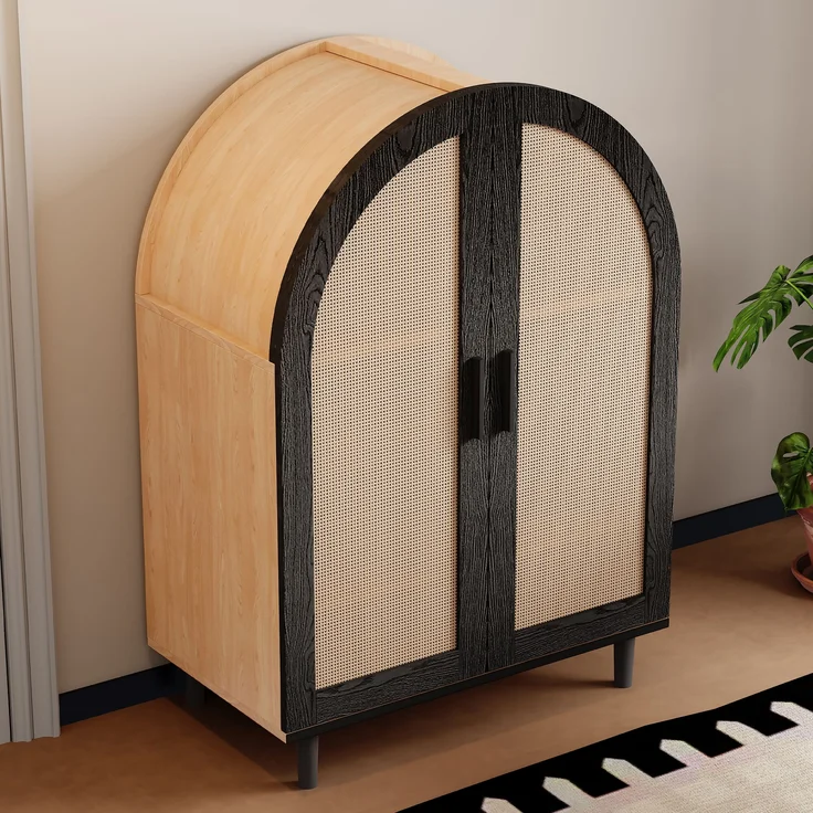 Schuhschrank/Sideboard mit Rattantüren & Metallgestell, 70x40x100 cm, Natur/Schwarz – Bild 3