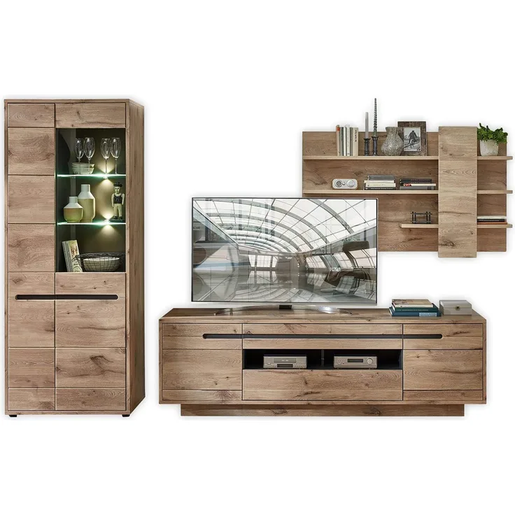 Wohnwand Wohnzimmerschrank BELLANO HH80 Viking Oak Nature mit LED