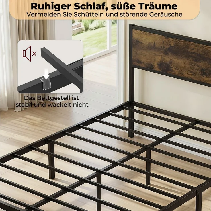 PFCTART Metallbett Bettgestell 140x200 Vintage, Stahl & MDF, Holzoptik für Betten (Set, 1-tlg, Industriedesign, wasser- & kratzfest, betten, bettrahmen & lattenroste), 360 kg Tragkraft, 90 cm Kopfteil, 27 cm Bodenfreiheit, schwarz – Bild 3