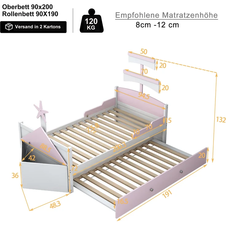 Schiffbett Rosa Mit Ausziehbett 90x200 Metall Konstruktion 120kg Tragkraft Kinderbett Bootsdesign Lattenrost Gästebett Mädchenzimmer – Bild 2