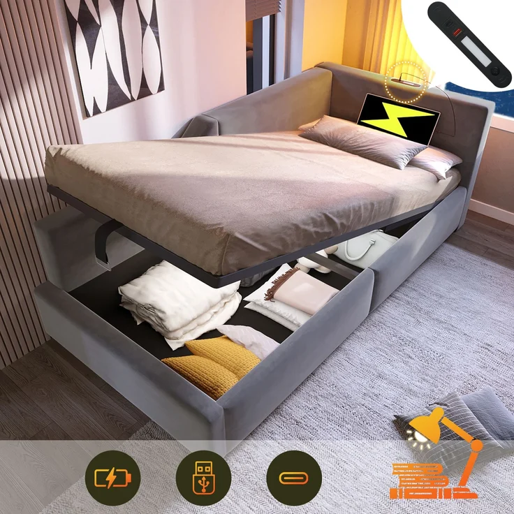 EINHOM Polsterbett Tagesbett Daybett 90 x 200 cm, Schlafsofa mit Hydraulischem Stauraum, Leselichtfunktion und USB-C-Ladefunktion, Kinderbett Jugendbett Bettgestell mit Lattenrost aus Holz, Samt, Grau, (Ohne Matratze) – Bild 6