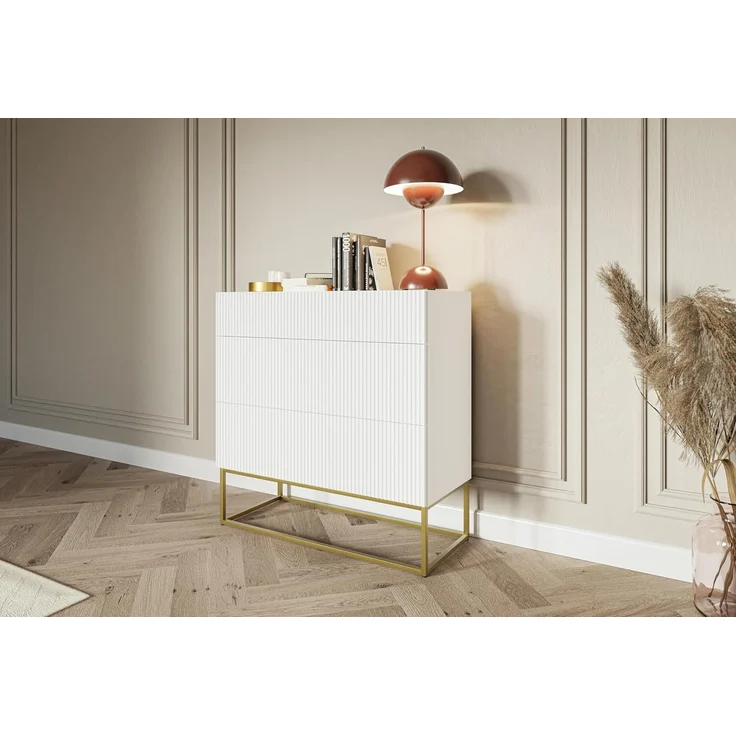 Selsey Kommode Schrank Aufbewahrungsschrank 90 cm Mit 3 Schubladen Weiß Goldene Beine Veldio – Bild 2