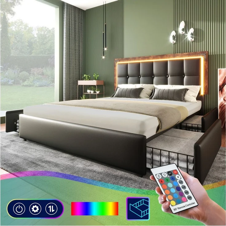 MODFU Polsterbett mit LED Beleuchtung und 4 Schubladen auf Rollen (147.5x207x92-102cm(BxLxH),Inklusive-Matratze(H25cm) , verstellbarem Kopfteil), mit Stauraum – Bild 5